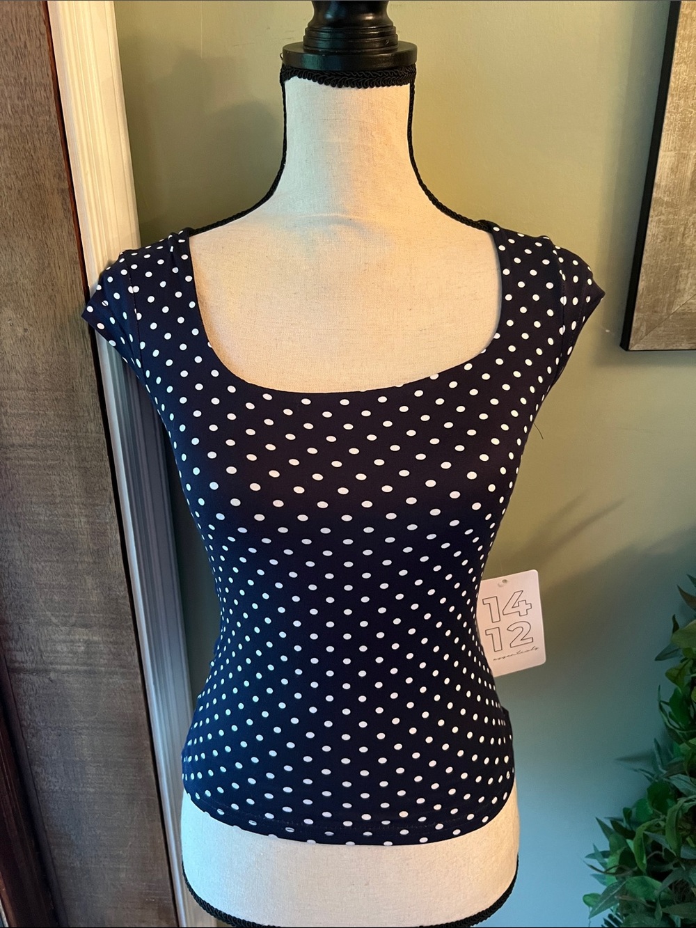 Essentials Navy White Polka Dot Scoop Neck Tee